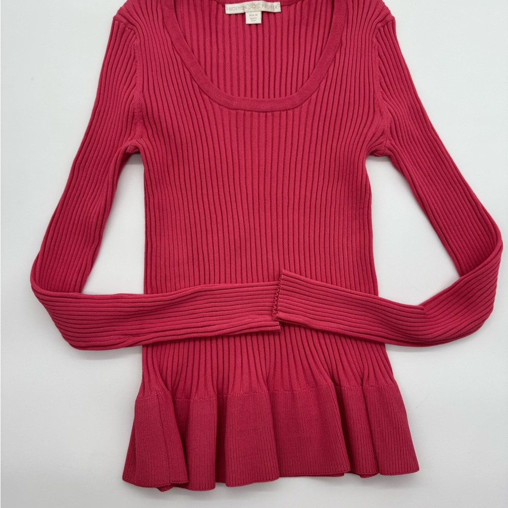 Boston Proper Deep Coral Ribbed Long Sleeve Peplum Top, Size Medium - Picture 2 of 12